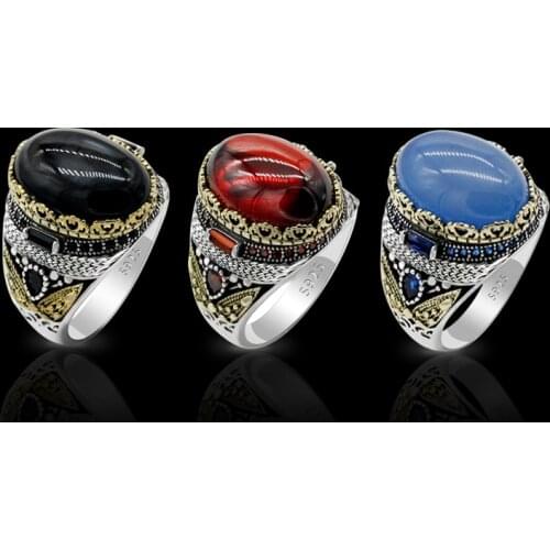 Turkish Men Ring with Natural Agate Stone Pure 925 Sterling Silver Vintage Rings for Women Male Gift with CZ Jewelry
