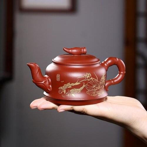 Yixing Teapot Mud Dahongpao Purple Clay Handmade Golden Handpainted Fish Kettle Send Gift Box