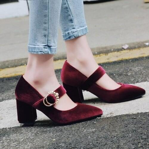 US4-11 Womens Velvet Pointed Toe Mary Janes High Block Chunky Heels Pumps Pearls Beads Buckle Banquet Shoes 3Colors B310
