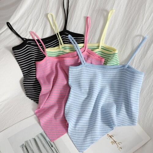 Women Summer Stripes Crop Tops Sweet Women Summer Knit Plain Crop Tank Top Solid Cute Crop Tops Ribbed Crop Tops Spaghetti Camis