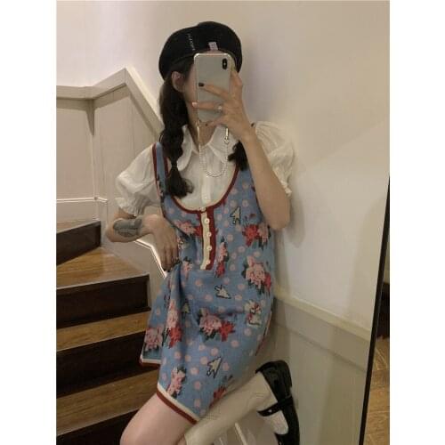 Sleeveless Dress Womens Waist Slim Flower Polka Dot Short 2021 Summer New Style Blue Flower Fashion Knitted Dresses