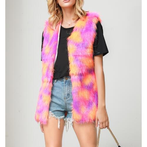 Women Autumn Winter Elegant Fur Vest V-Neck Sleeveless Casual Waistcoat Colorful Faux Fur Party Outwear Streetwear Fur Jacket