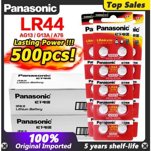 500pcs New Original Battery For Panasonic LR44 A76 AG13 G13A LR44 LR1154 357A SR44 1.5V Lithium Button Cell Coin Batteries