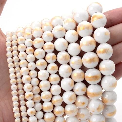 Natural Stone Bead White Golden Jades Round Loose Beads for Jewelry Making DIY Bracelet Necklace Accessories 4/6/8/10/12mm