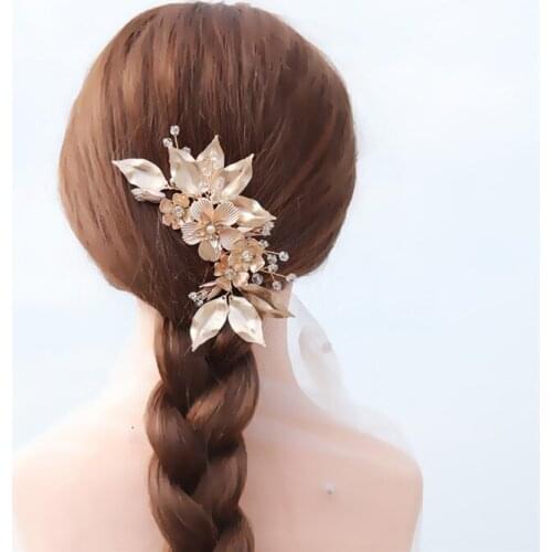 OKILY Handmade Gold Color Alloy Floral Haircomb Bride Jewelry Fashion Crystal Wedding Hair Ornament for Bridal Bridesmaid