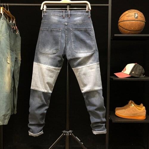 Spring Autumn Patchwork Jeans Men Plus Size 42 Slim Stretch Straight Leg Long Pants Casual Student Biker Denim Trousers Blue