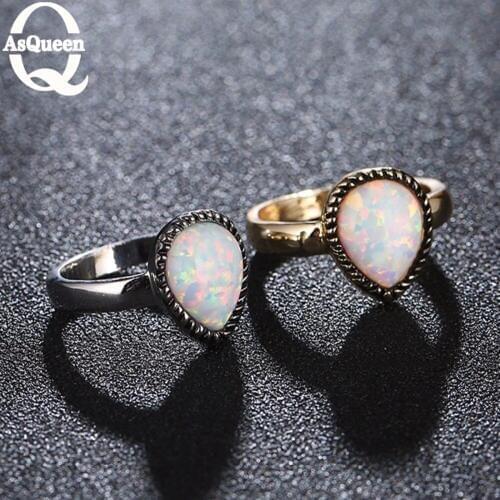 Elegant Water Drop Cut Rainbow Opal Ring Fashion White CZ Wedding Jewelry Gold Filled Engagement Promise Rings