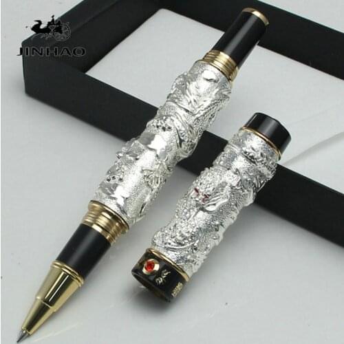 JINHAO Vintage Luxurious Rollerball Pen Double Dragon Playing Pearl, Metal Carving Embossing Heavy Pen Gray for Office