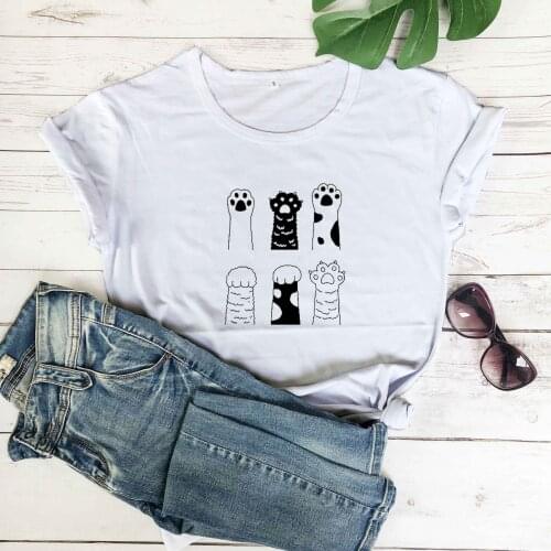 New Cartoon Cute Cats Paw Print Summer Women Tshirt Funny Cartoon T Shirt Female Kawaii T-Shirt Top Graphic fashion cute Tee