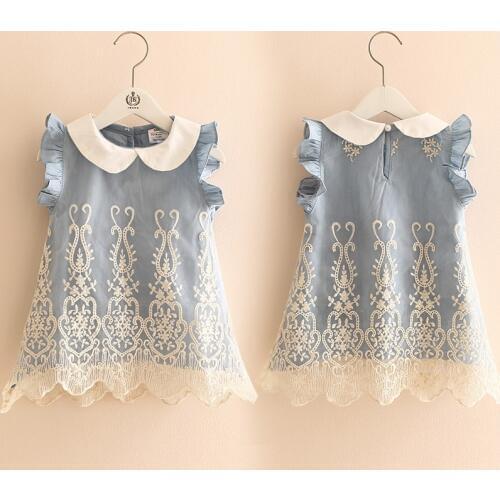 New Arrival Baby Girls Fashion Lace Embroidered Dresses Korean Summer Little Kids Vest Denim Dress Hot Childrens One Piece X453