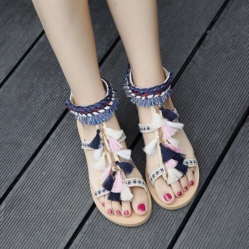 New Summer Ethnic Bohemian Style Embroider Tassel flat Sandals women Rome Shoes Holiday sandals Women Beach gladiator Shoes