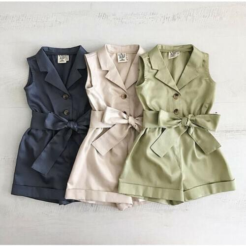 Toddler Kids Baby Girls Clothes Belt Bandage Romper Sleeveless Turn-down Collar Jumpsuit Shorts Playsuit Outfits