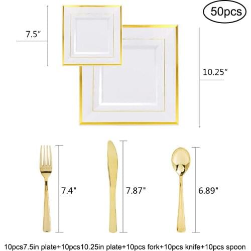 Disposable Gold Cutlery Plastic Dinnerware Wedding Party 25 Guest Square Plastic Plates Rose Gold Silverware Birthday Christmas