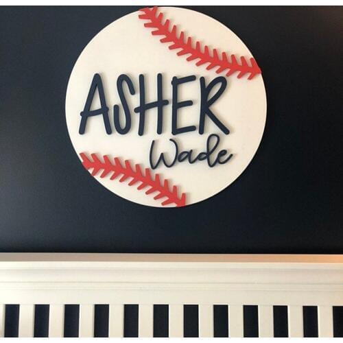 Personalize kids name 16" baseball Round Nursery Sign - custom baseball Name Wood Sign - Nursery wood hangings baby shower gift