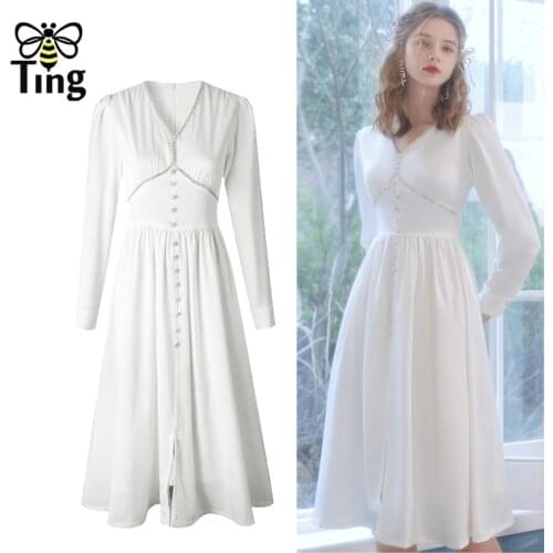 Tingfly Luxury Crystal High Waist A Line White Dress Vintage Francais Chic Long Sleeve Party Night Dresses Elbise Traf Goblincor