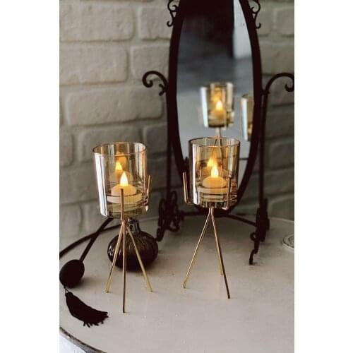 Sky Life 2-piece Luxury Metal Leg Glass Flower Pot Candle Holder Decorative Metal Yellow Glass