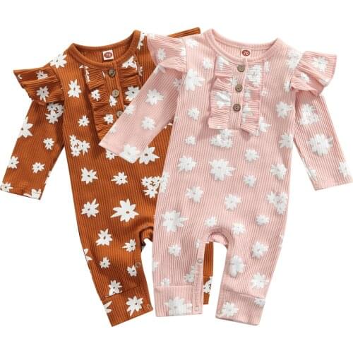 Baby Girl’s Casual Long Sleeve Jumpsuit Fashion Printing Button Round Neck Long Romper