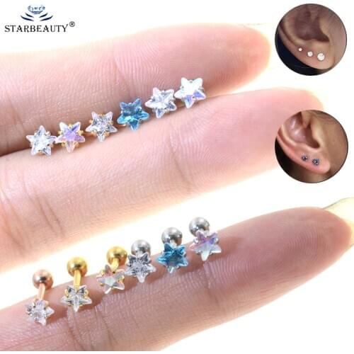 1Pair Star AB Clear Gem Surgical steel Tiny Hoop Earring Cz Tragus Daith Rook Cartilage Ear Piercing Jewelry