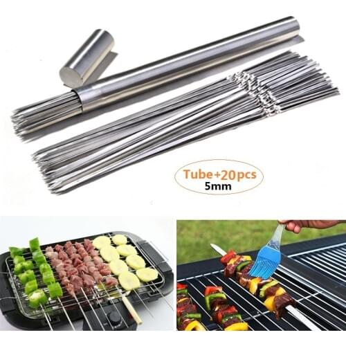 40CM 5MM Barbecue Skewers Stainless Steel Flat BBQ Grill Skewer+Storage Tube Reusable Needle Sticks for Shish kabob Grill Skewer