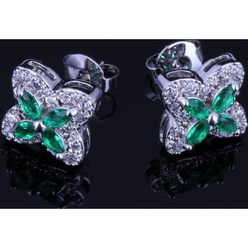 Sparkling Star Green Cubic Zirconia White CZ Silver Plated Stud Earrings V0177
