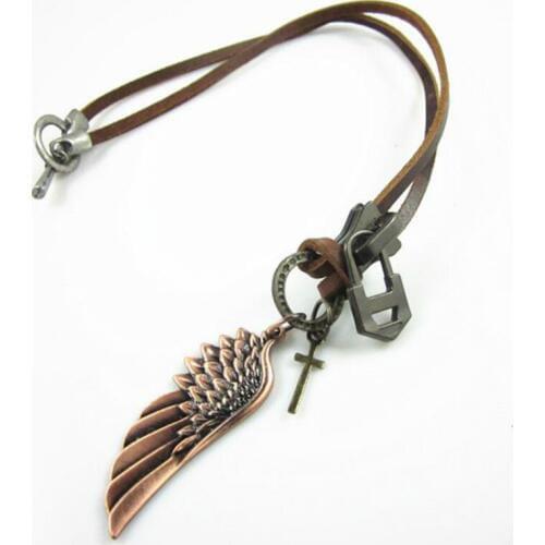 Vintage charm Genuine long Leather necklaces Chain Angel Wing Pendant Necklace