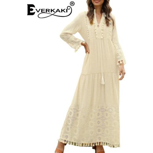 Everkaki Boho Lace Tassel Maxi Dresses Women Summer Beach Solid V Neck Ethnic Y2K Bohemian Oversize Chic Long Dress Female 2021