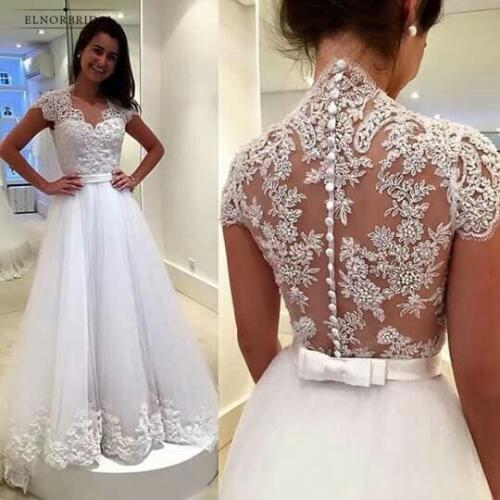 Vintage White Ivory Lace Wedding Dresses 2020 Robe De Mariee A Line Illusion Back Bridal Gowns Handmade Vestido De Novia