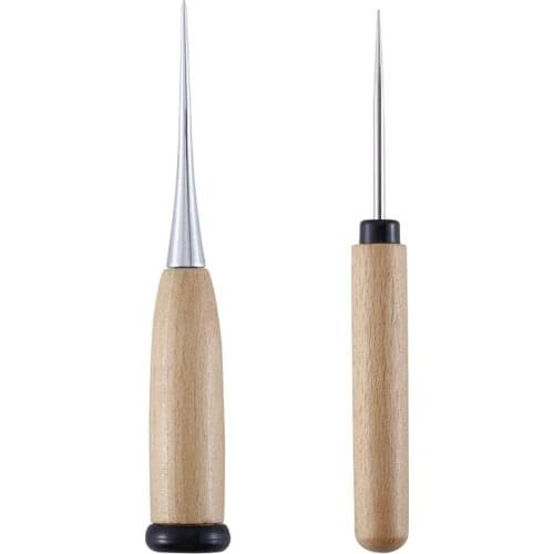 2PC Leather Craft Hole Maker Wooden Handle Needle Awl Tool DIY Sewing Taper Stitching Punching Pinpointing