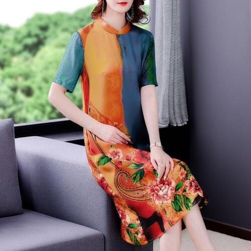 2021Summer Loose Casual Print Beach Dress L-5XL Vintage Noble Floral Mulberry Silk Midi Dress Women Elegant Slim Party Vestidos