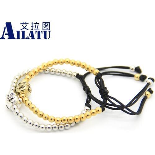 Ailatu Fashion Round Bronze Beads Weaving Laugh Buddha Braiding Macrame Bracelet Hombre Bracciali Mens Elastic Bead Jewelry