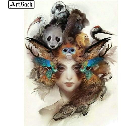 ArtBack Diamond Painting Woman Animal Full Square Diamond Embroidered Panda 3d round drill Mosaic Art Sticker