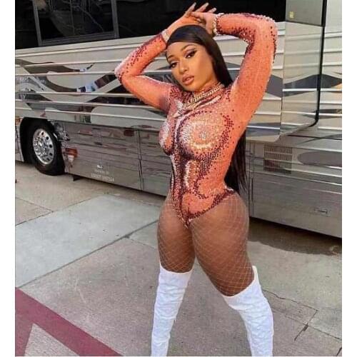 Sparkly Rhinestones Long Sleeve Bodysuit Women Sexy Party Outfit Nightclub Bar DS Dance Costume Stage Performance Show Leotard