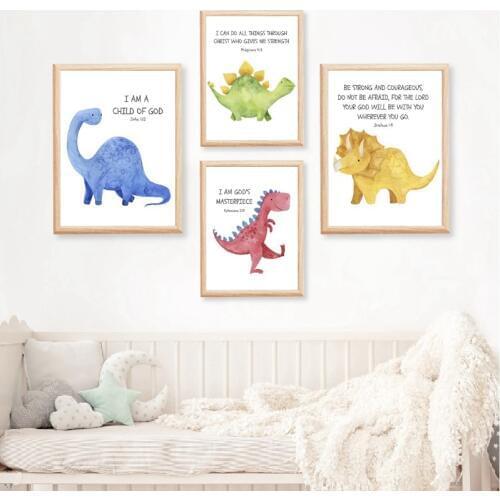 Kids Bible Verse Quote Prints Dinosaur Watercolor Nursery Wall Art Pictures Canvas Painting Scripture Posters Baby Shower Gift