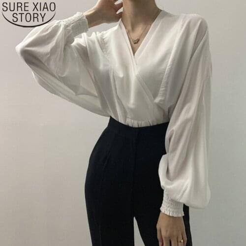 Elegant Autumn White Blouse Fashion Long Lantern Sleeve Blouse Cross V-neck Casual Loose Shirts Women Tops Clothes Blusas 16433