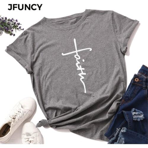 JFUNCY Summer Cotton Women T Shirt Plus Size Faith Letter Christian Cross Print Tee Top Short Sleeve Woman T-shirt Female Tshirt