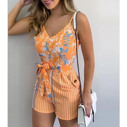Womens Summer Tropical Print Jumpsuit Casual Slim Short Sleeve V-Neck Beach Rompers Sleeveless Bodycon Sexy Playsuit Outfits