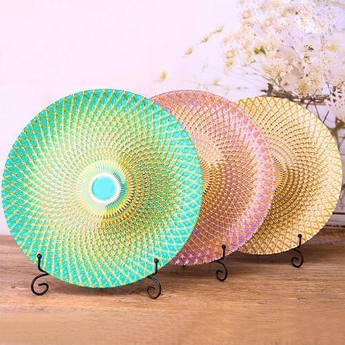 Colorful Plate Glass Food Tray Engraved Dish Big Flat Dinnerware Pineapple Grain Dinner Tray Elegant Glass Serving plate 1pcs