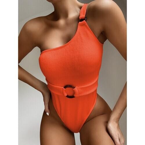 Sexy One Shoulder One Piece Swimsuit Women Beach Swimwear Padded Bather With Belt Ribbed Bathing Suit Girls Monokini Beachwear