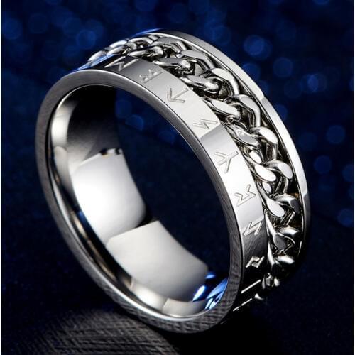 Mens Chain Rotating 8mm Ring Band With Viking Rune Odin Norse Text Wedding Stainless Steel Black Rings For Men Jewelry