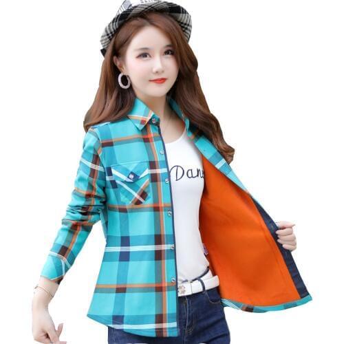 Autumn winter models blouse women thick warm plaid long-sleeved blusas mujer de moda Slim bottom wild jacket Womens blusas