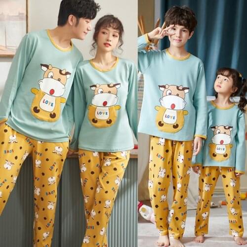 Size 3T-4XL Autumn Cartoon Parent-Child Pajamas For Boys Girls Children Sets Pure Cotton Long Sleeve Home Wear Couples Clothes