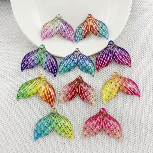 Beauty fish tail color rainbow color 10pcs 24*30mm acrylic pendant rhinestone flat back handmade decorative jewelry accessories