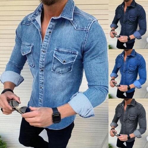Casual Denim Shirt Men Long Sleeve Turn Down Collar Shirts for Men Autumn Slim Button Shirts Top With Pockets camisa masculina