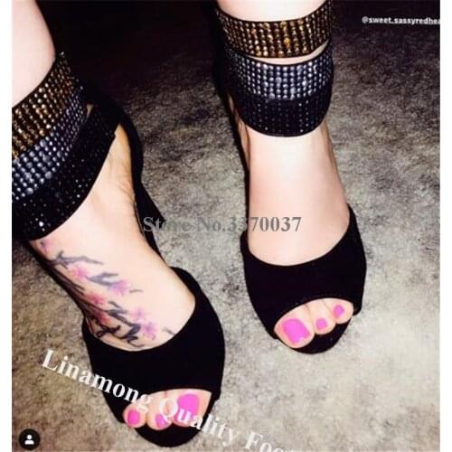 Linamong Western Fashion Peep Toe Rhinestone Straps Cross Stiletto Heel Gladiator Sandals Ankle Wrap Crystal High Heel Sandals
