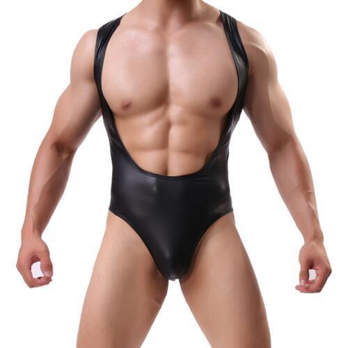 Sexy Mens Faux Leather Bodysuit Boxers Jumpsuits Wrestling Singlets Lingerie Stretch Tight Gay Jockstrap