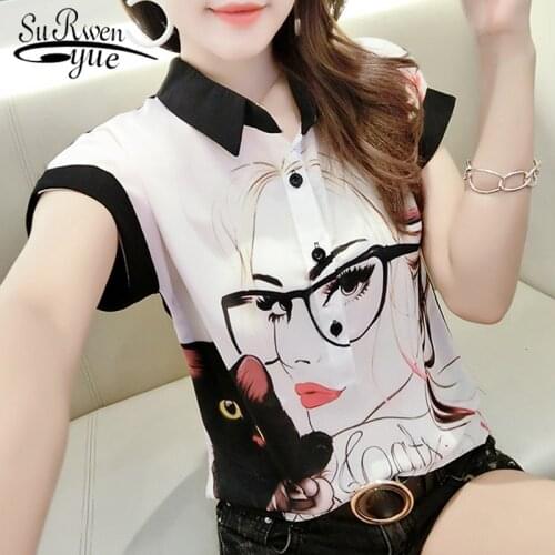 Blusas De Gasa Mujer Summer Women Blouse Short Sleeve Shirts Casual Chiffon Blouse Women Printed White Blouses and Tops 4475