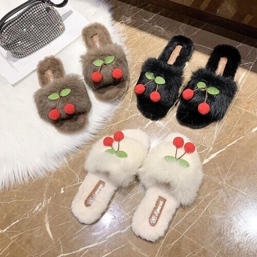 Fur Slides Slippers Women Shoes Woman New Winter Slippers Strawberry Flat Bottom Casual Shoes Faux Fur Slippers Zapatos De Mujer