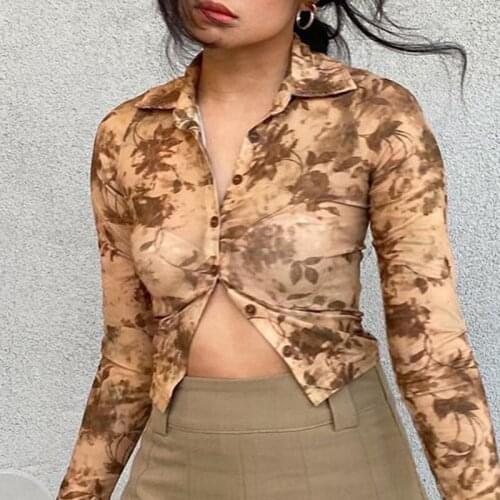 Turn-down Collar Top And Blouse Khaki Long Sleeve Button Up Sexy Cropped New Fashion Street Casual Sheath Shirts Aurumn Women