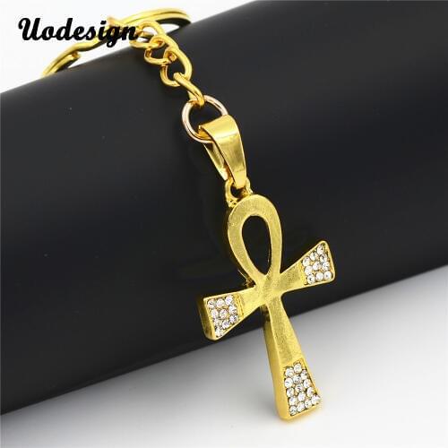 Uodesign Hip Hop Alloy Gold Color Cross Pendant Keychain Religious Iced Out Rhinestone Hiphop Car Keychain Jewely For Men
