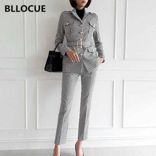 BLLOCUE Fashion Office Ladies Plaid 2 Piece Set Spring Retro Long Sleeve Belted Coat Pencil Pants Set Casual OL Business Suits
